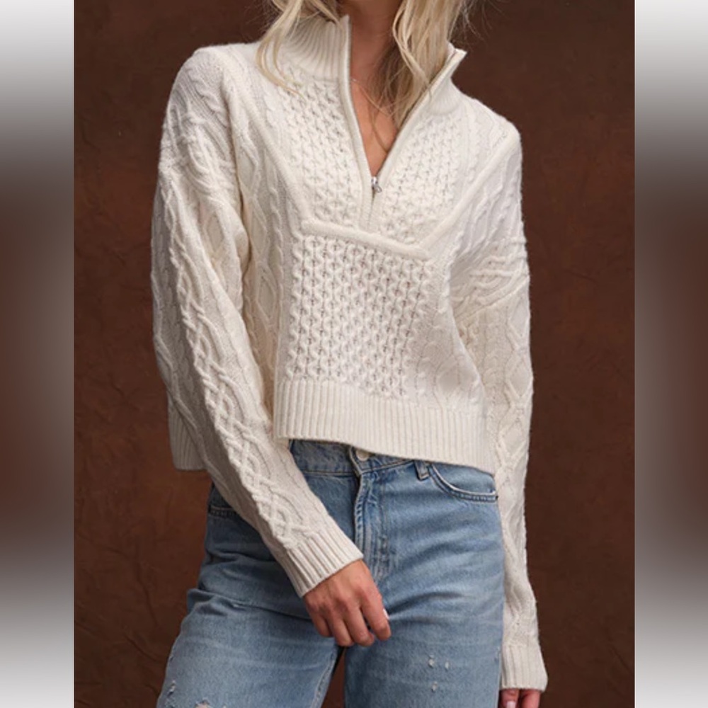 100% Cashmere Cropped Cable Quarter Zip Mockneck Sweater - size L - NWT